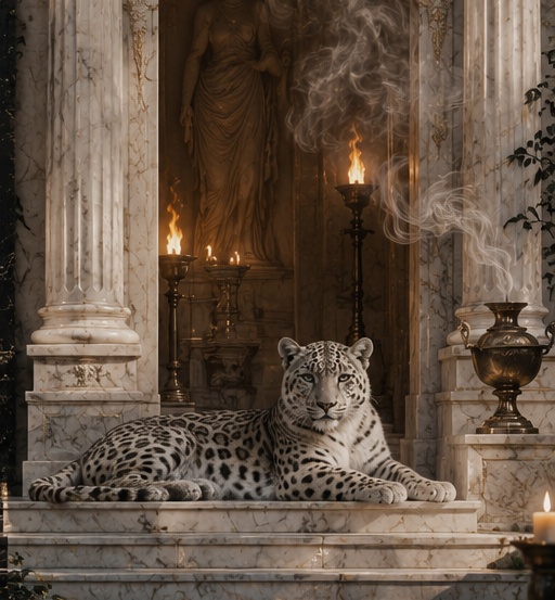 La panthere des neiges, gardienne de l'aube, dans son temple de marbre blanc