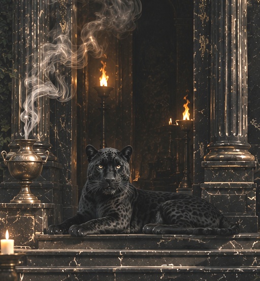 La panthere noire, gardienne de la nuit, dans son temple de marbre noir